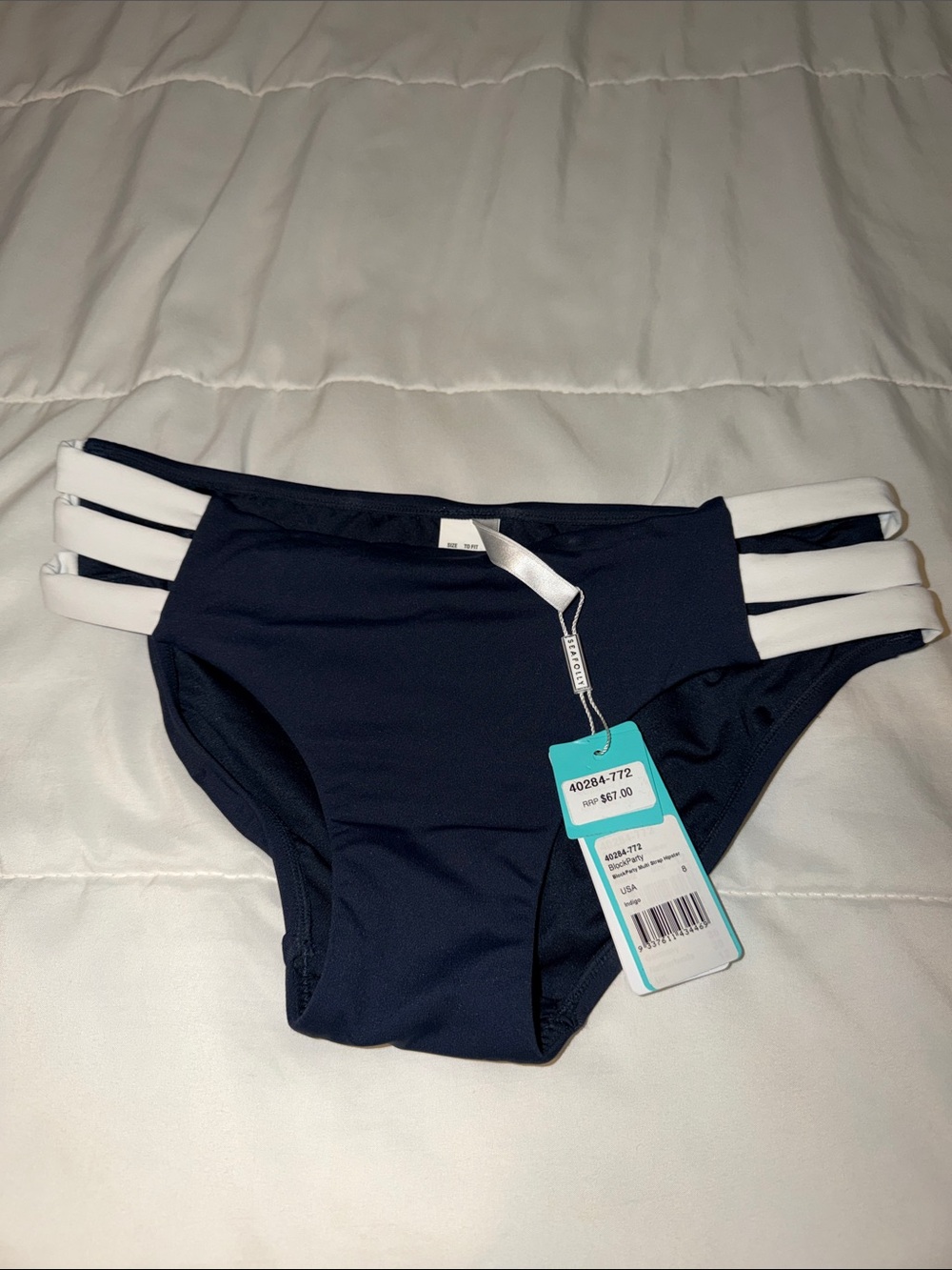 Seafolly Navy Bikini Bottom with White Triple-Strap Detail